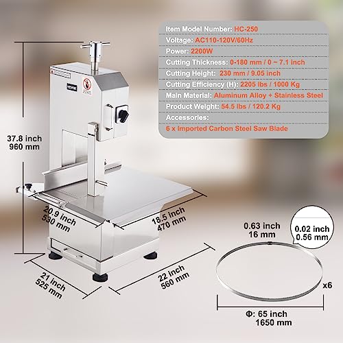 1500W Stainless Steel Countertop Meat Bandsaw with 6 Blades J50099