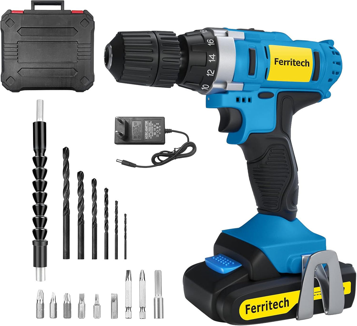 Cordless Drill 20V with 2 Batteries and Charger, 20pcs Bit Set, 3/8" Keyless Chuck, LED K984