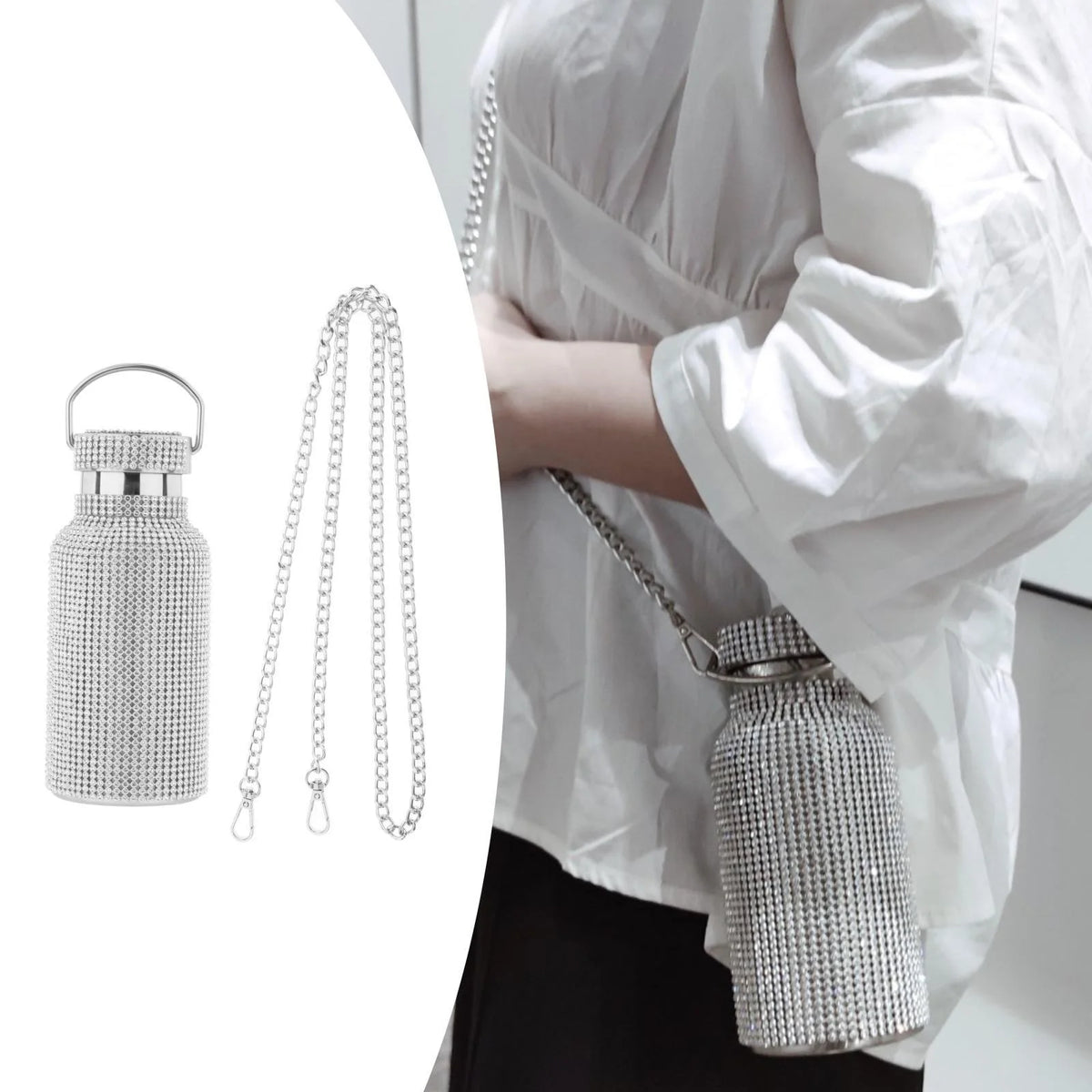 350ML Rhinestone Stainless Steel Insulated Water Bottle with Chain D279296