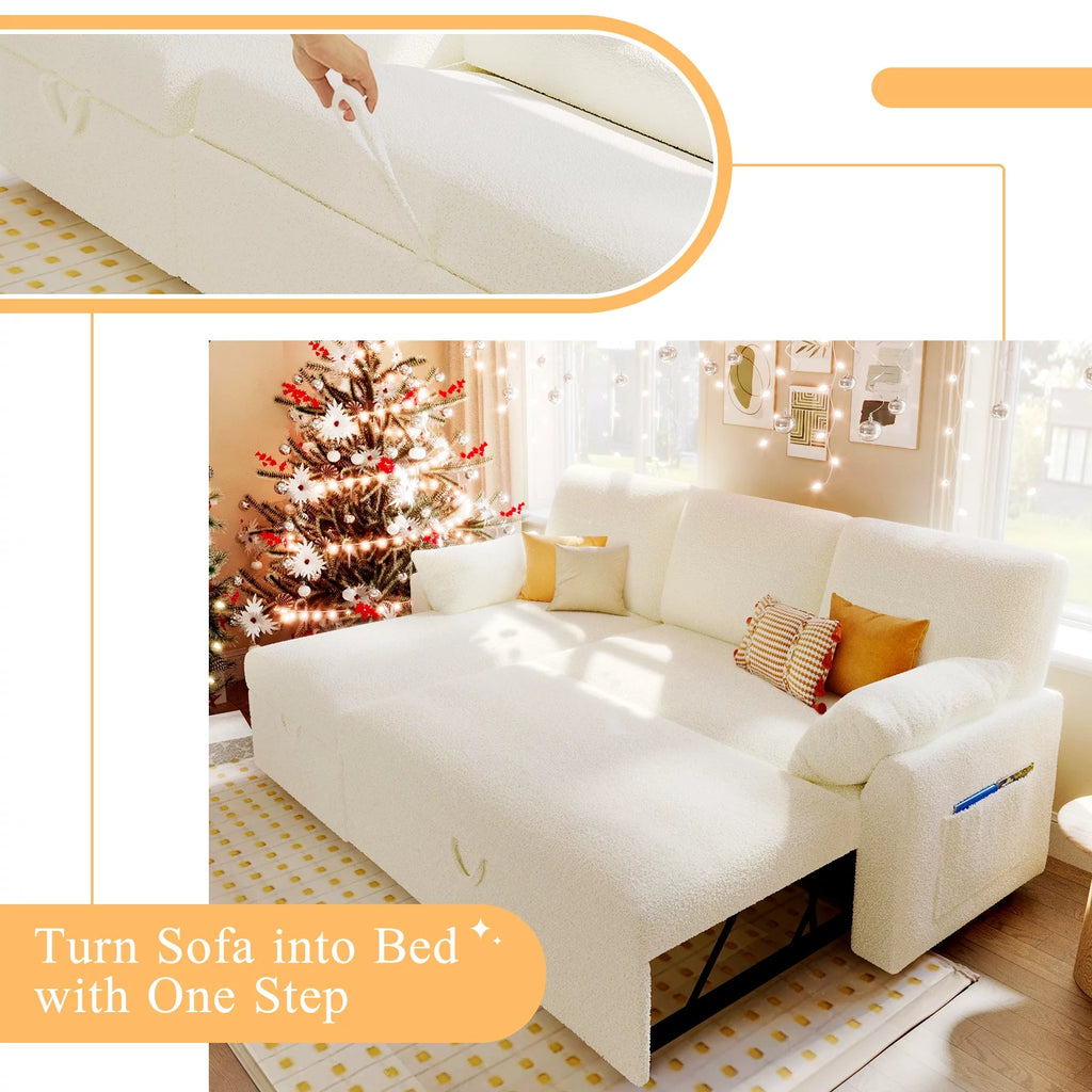 White Sherpa Sofa Bed with Storage Chaise X28685