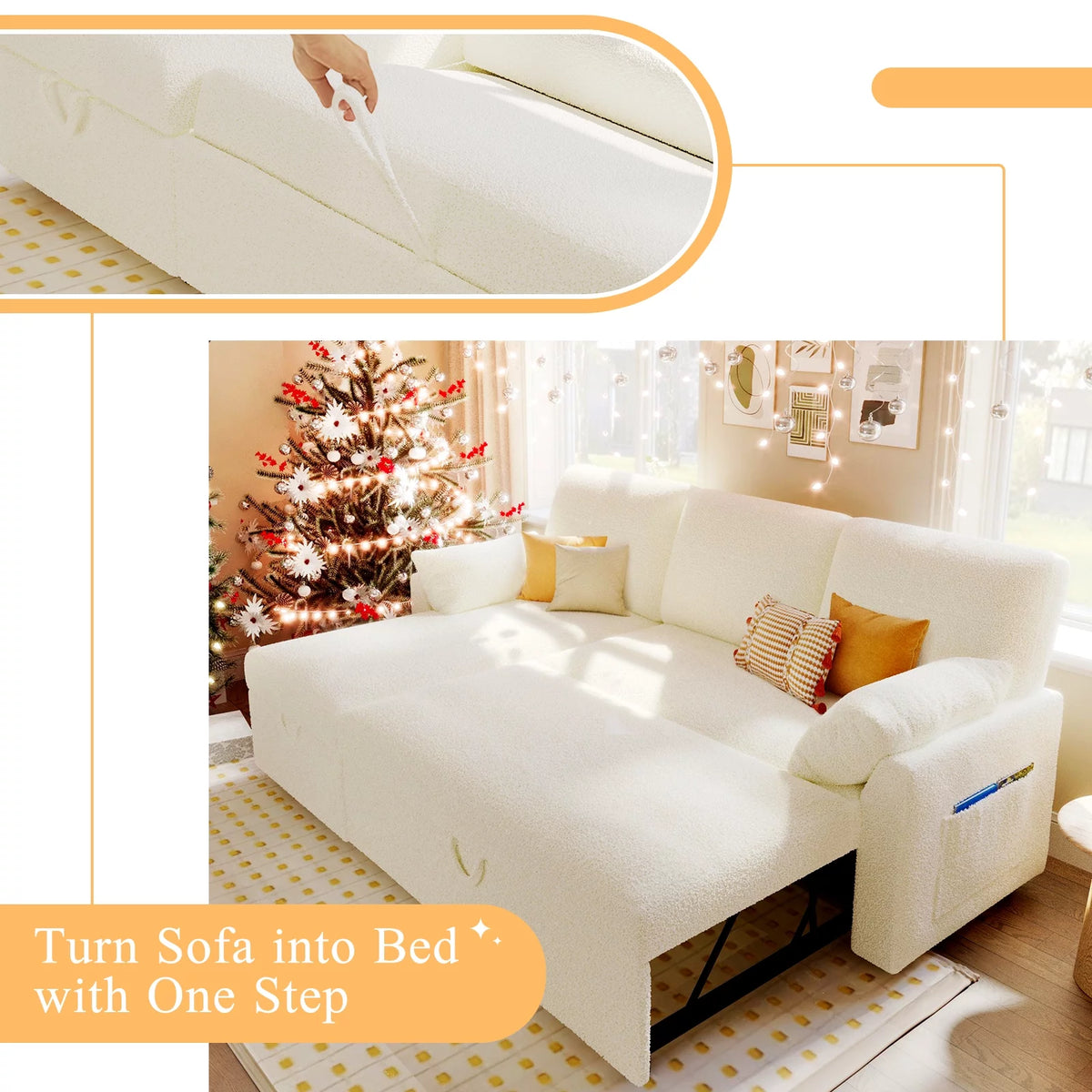 White Sherpa Sofa Bed with Storage Chaise X28685