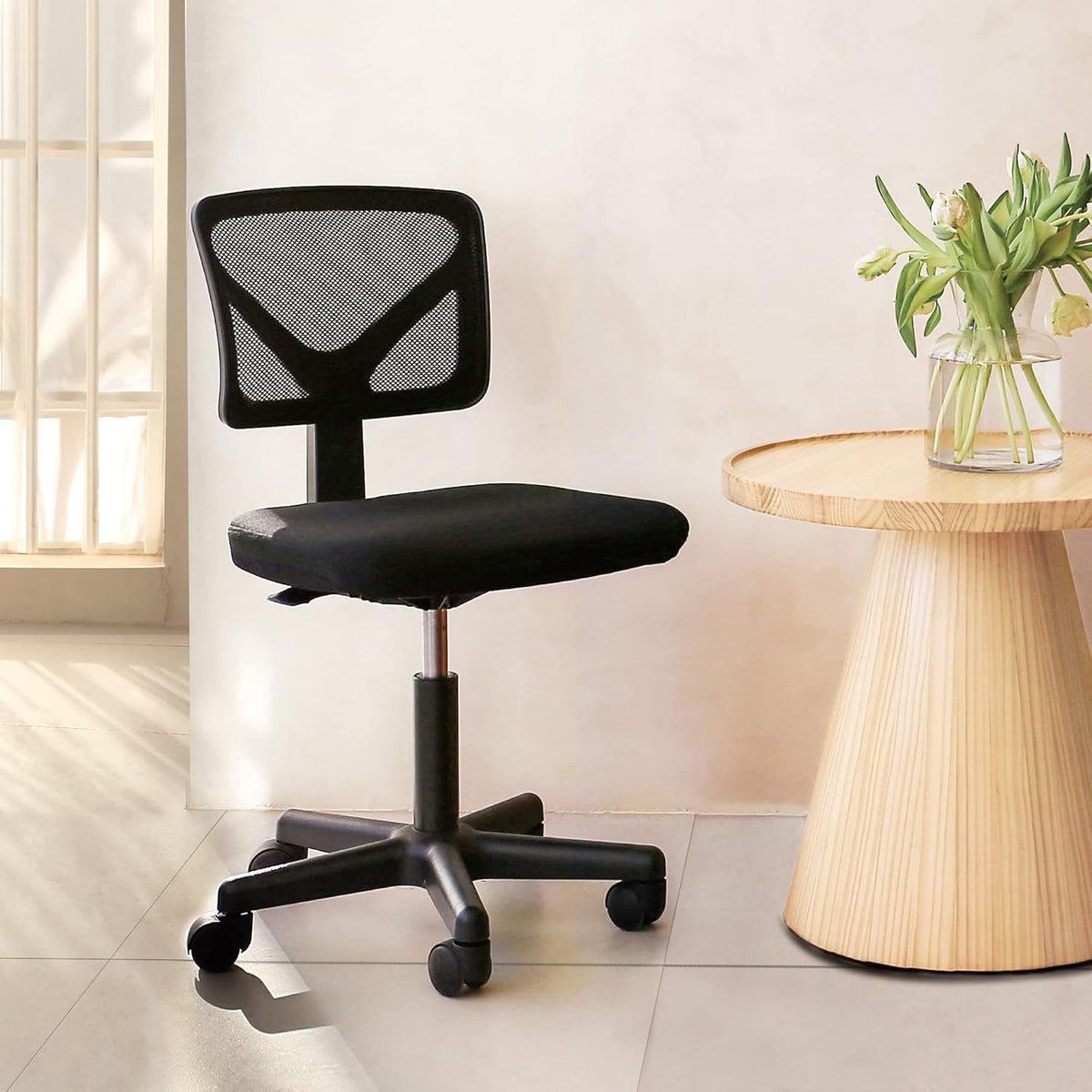 Black Armless Mesh Office Desk Chair with Swivel Casters B228131