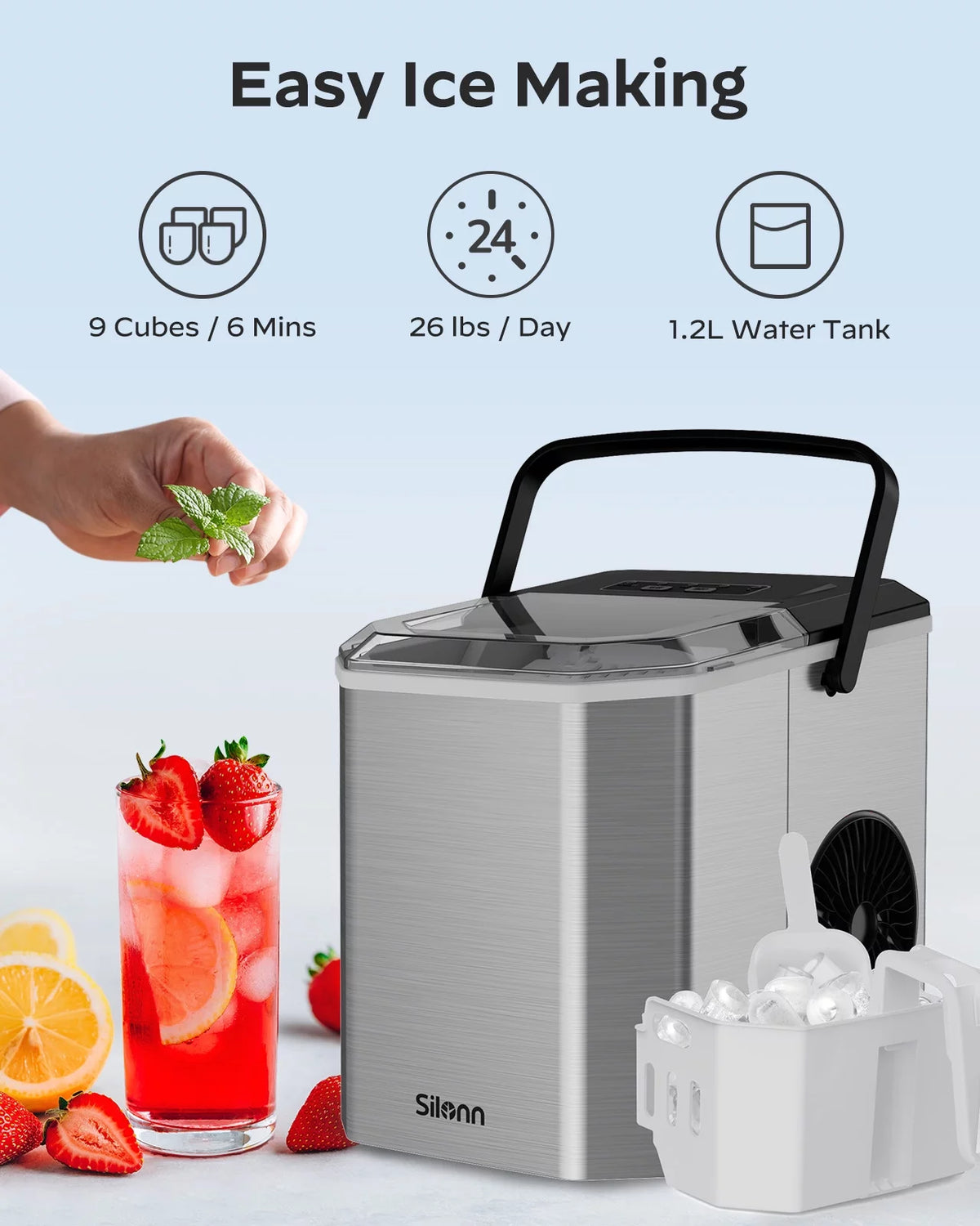 Countertop Ice Maker Machine with Handle, 9pcs/6min, 26lbs/24h, Silver I95258