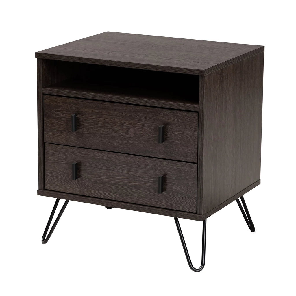 Dark Brown Wood and Black Metal 2-Drawer Nightstand V88788