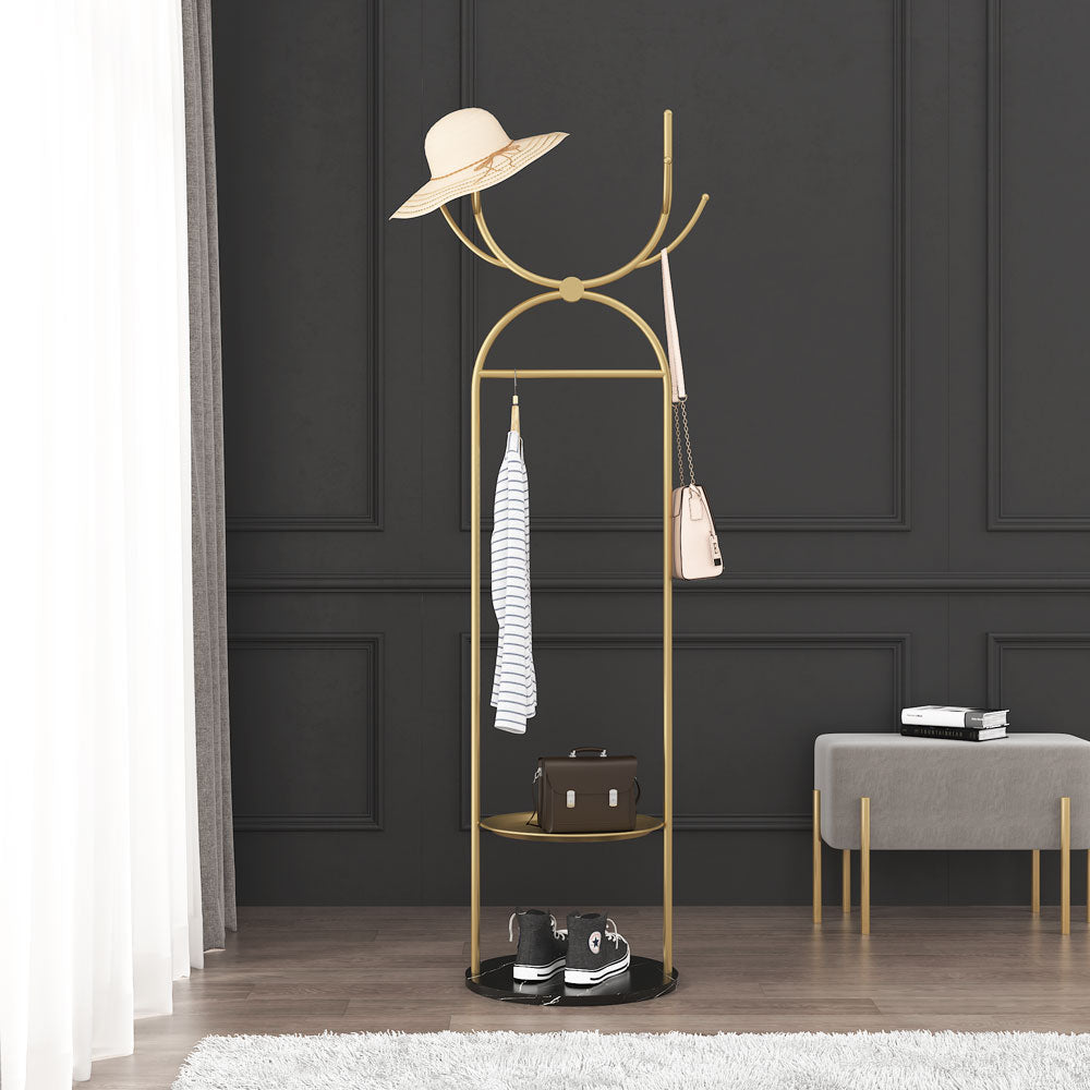 Metal Coat Rack Stand with Shelves and Hooks, Marble Base D3063