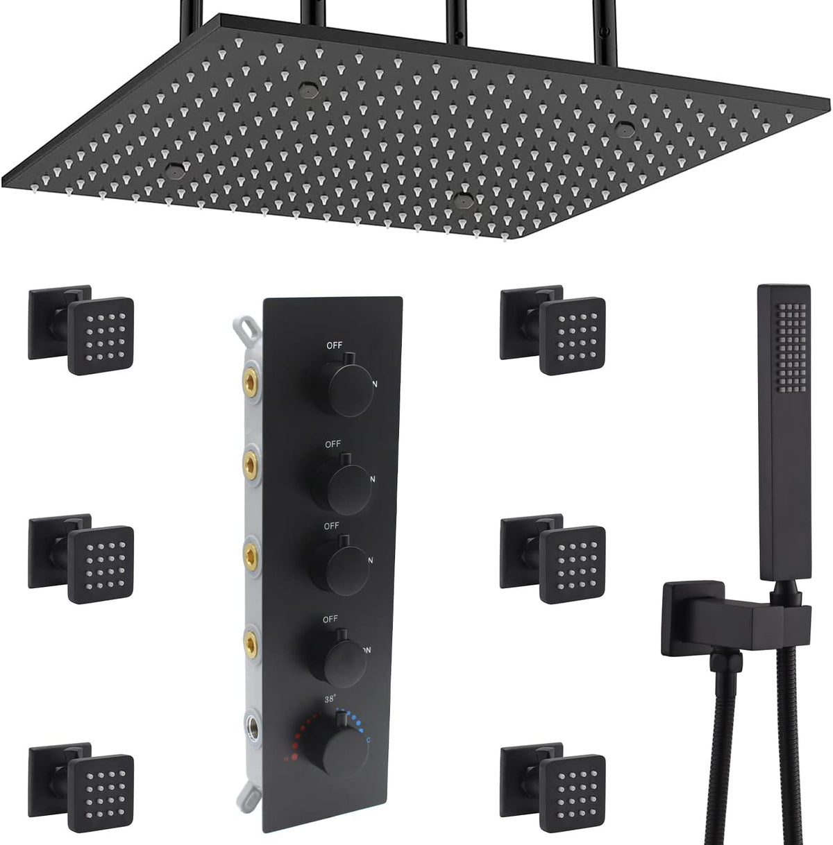 Brushed Gold Thermostatic Rain Shower Head System with Body Spray and Handheld Combo Set J343283