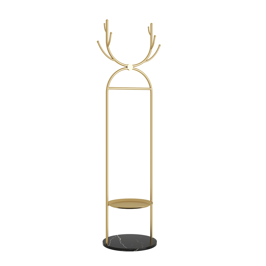 Metal Coat Rack Stand with Shelves and Hooks, Marble Base D3063