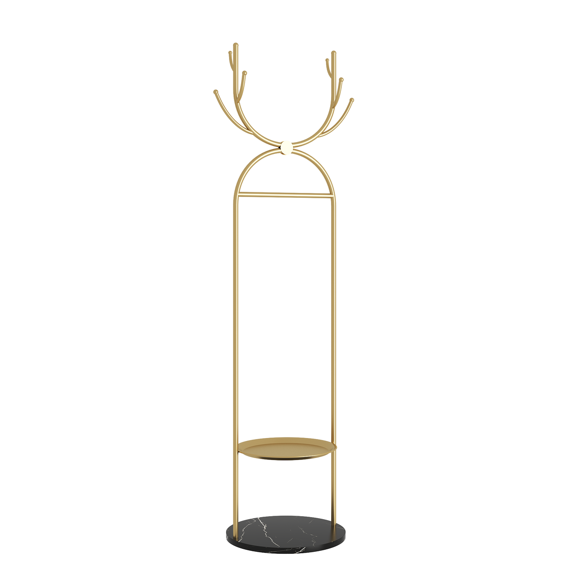 Metal Coat Rack Stand with Shelves and Hooks, Marble Base D3063