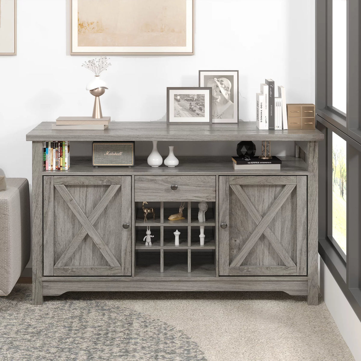 White 47 Kitchen Buffet Storage Cabinet with Barn Door P363835